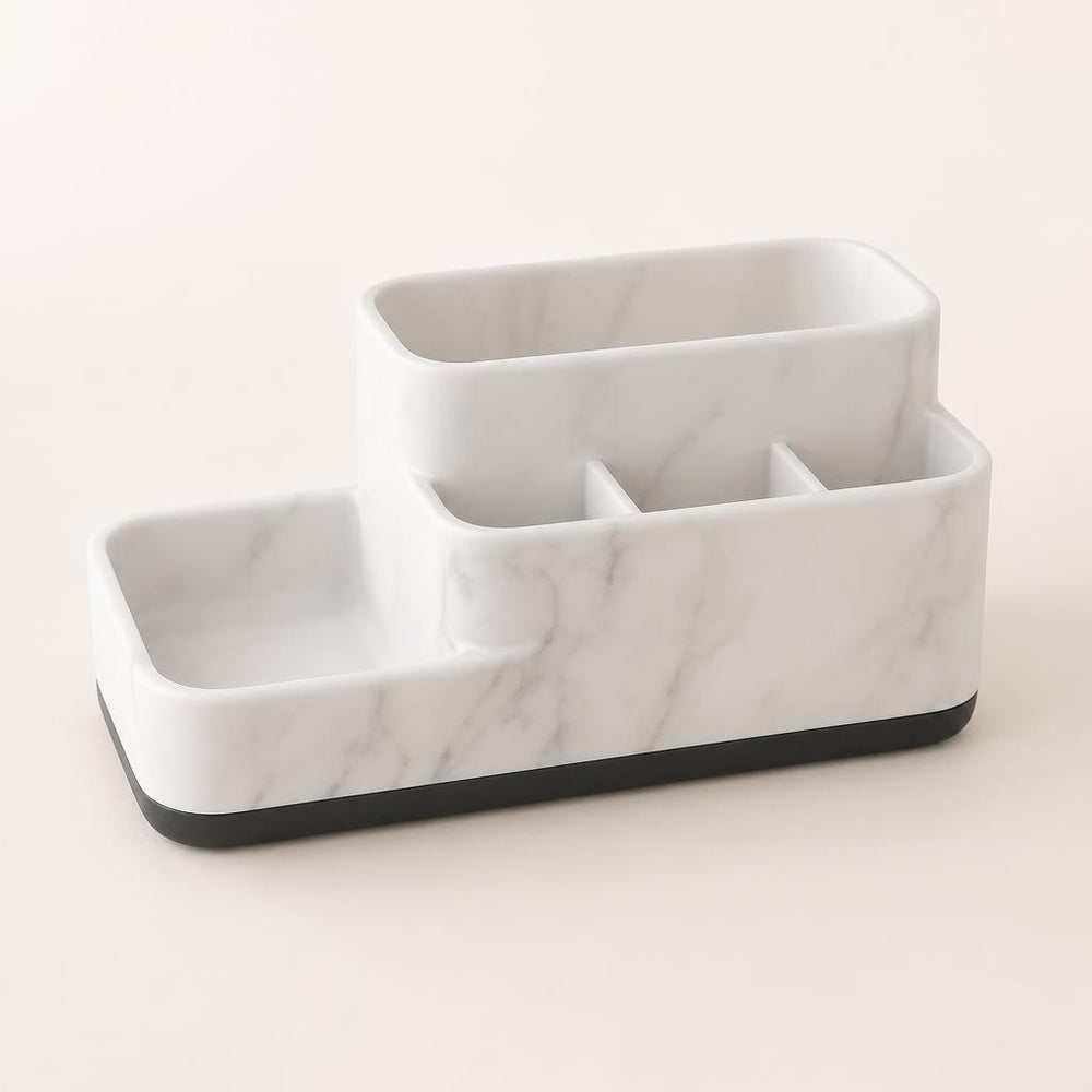 Marbelle marble-look resin countertop organizer with matte black base, three-quarter view