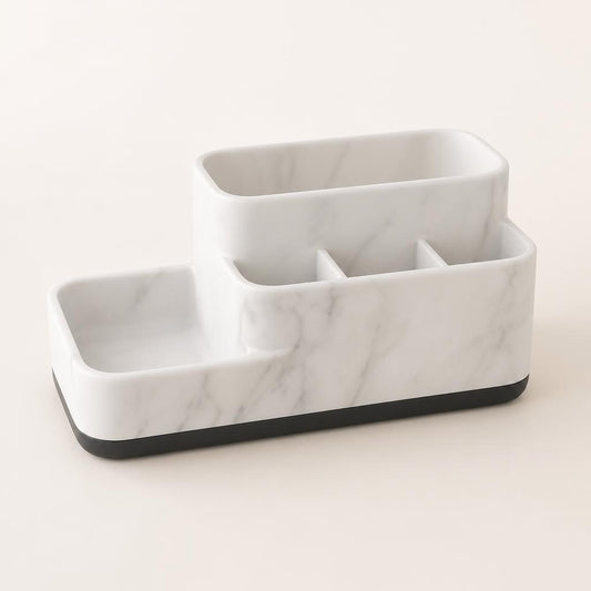 Marbelle marble-look resin countertop organizer with matte black base, three-quarter view